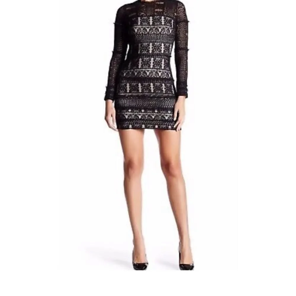 PARKER LACE RUFFLE LONG SLEEVE CONTRAST DRESS BLACK Size Medium
